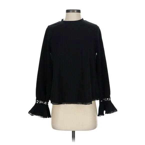 NWT Tuckernuck Pomander Place Palmer Blouse XS Black Bell Sleeve Lace Trim Boho - Picture 2 of 8